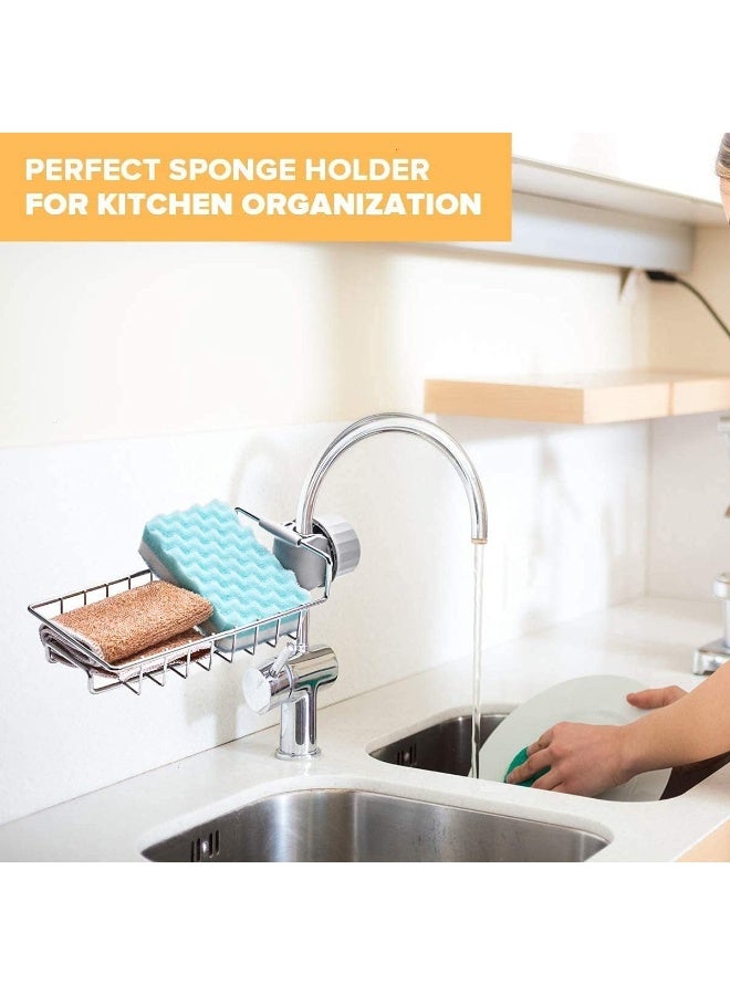 Giffy Sink Caddy Organizer Kitchen Faucet Sponge Holder Drainer Shelf Soap Sponge Stainless Steel Faucet Storage Rack - Silver - Image 4